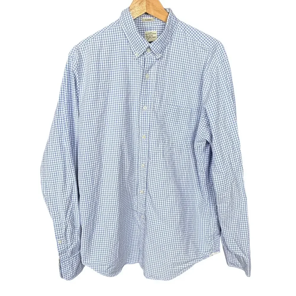 J. Crew Mens L Blue Gingham Check 100% Cotton Button Down Shirt Long Sleeve